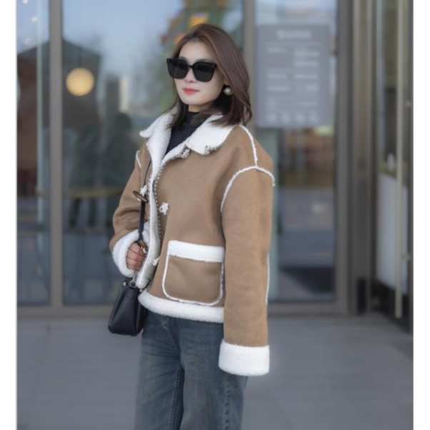 2025爆款加绒加厚款韩系风女短外套休闲大衣韩版秋冬拼接宽松短款