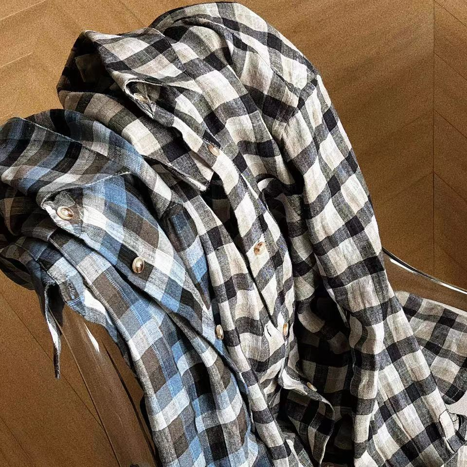 “90年代” 复古高端百分百亚麻格子衬衫 24-177