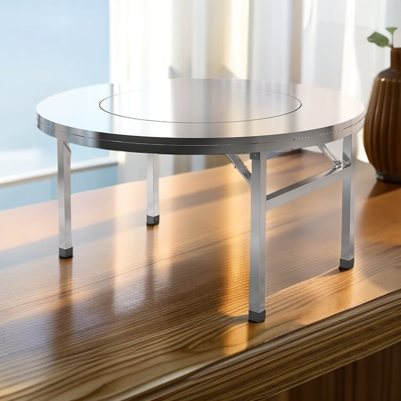 家用可折叠简约户外吃饭桌 住宅家具折叠升级不锈钢加厚内置转盘