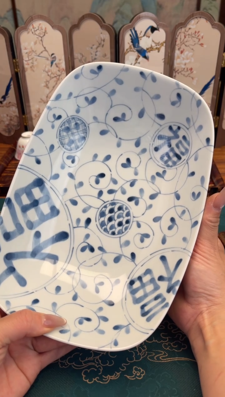 瓷片蓝凛堂长盘尺寸25X18X7