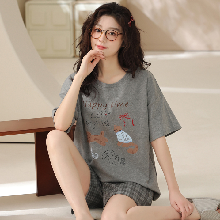 卡之恋灰色涂鸦卡通短袖睡衣女夏季宽松家居服短裤套装