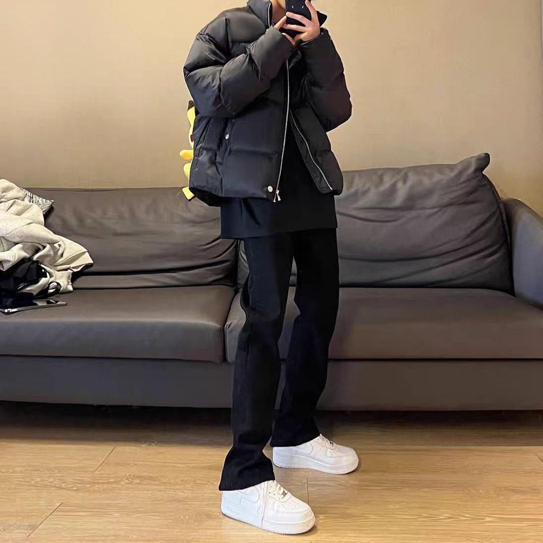 美式vibe裤子高街潮牌弹力纯黑色牛仔裤男冬季显瘦修身直筒微喇裤