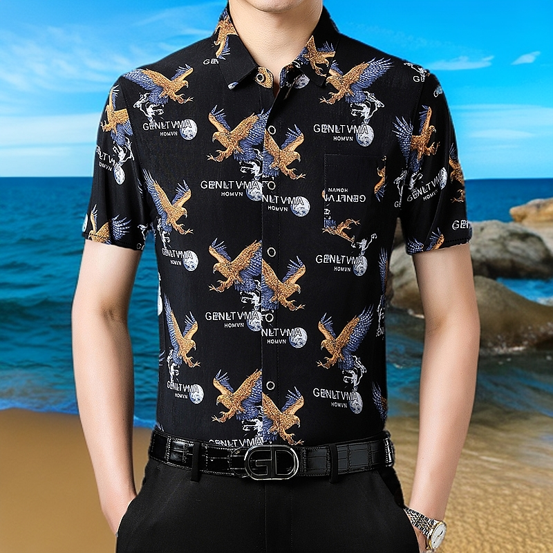 冰丝短袖男夏季新款男士方领印花衬衫真口袋百搭男士休闲上衣