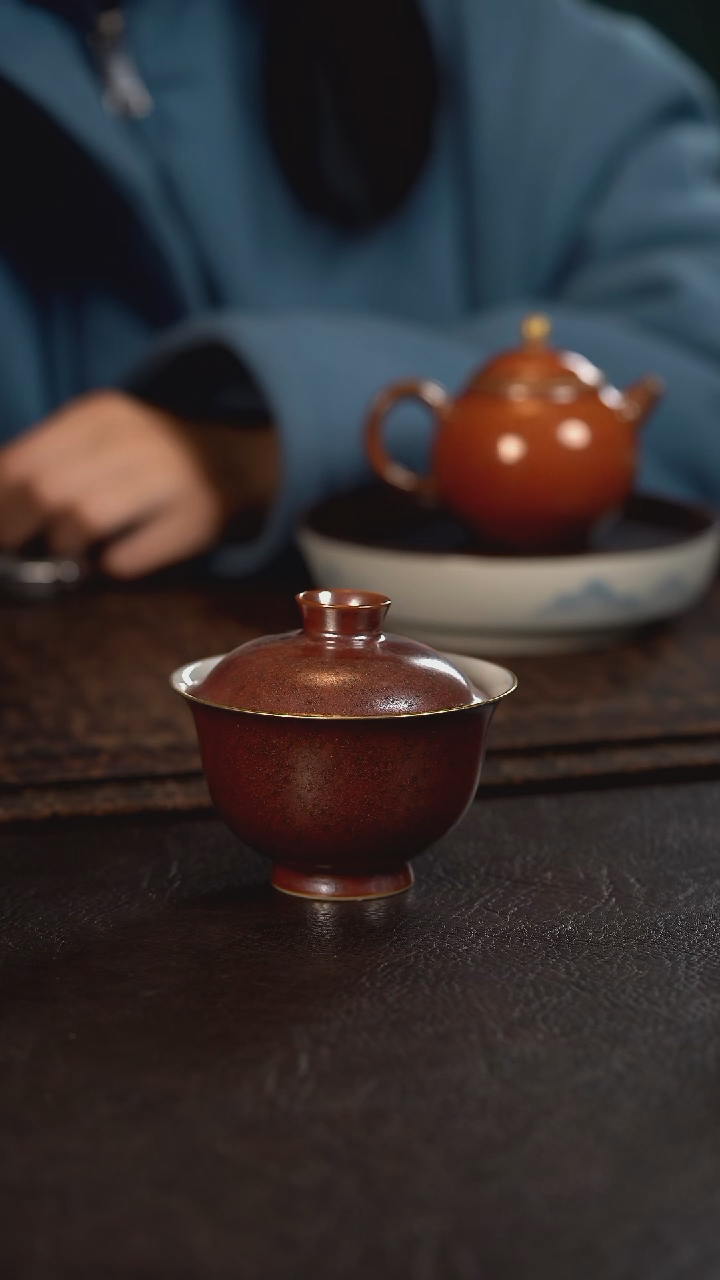 【闪购商品】杯聚澜堂红金花撇口盖碗