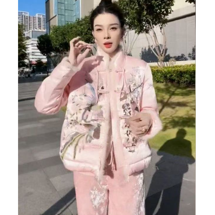国风时尚厚款网红时尚冬季立领秋冬气质中国风复古提花羽绒服加厚