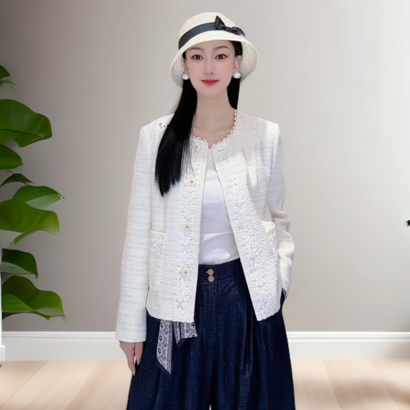 白色直下摆春秋长袖香风正肩外套粗花呢短外套女女装秋季