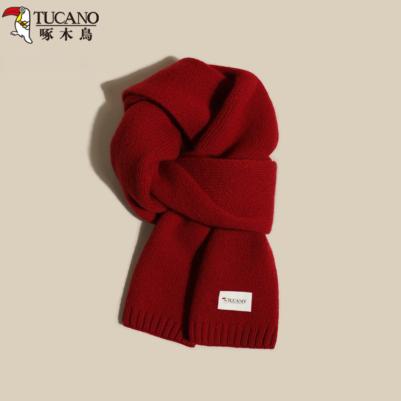 啄木鳥2025新款红色针织围巾女秋冬季百搭氛围感新年礼物围脖学生