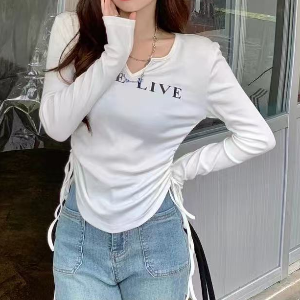 抽绳V领正肩长袖T恤女春秋季设计感小众打底衫辣妹短款百搭上衣