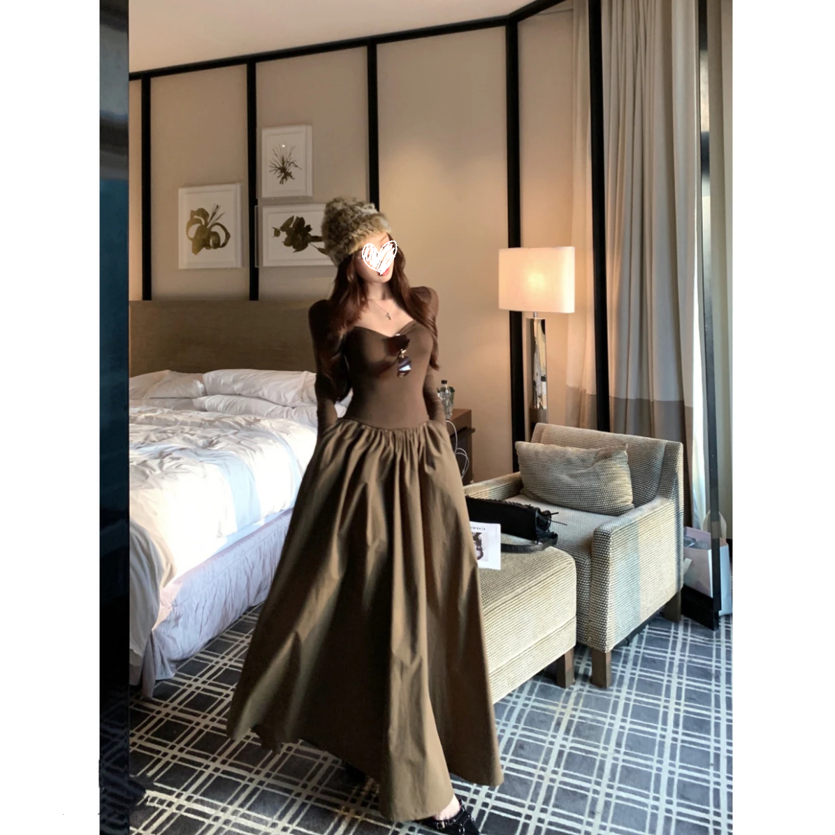 纯欲风拼接方领长袖连衣裙女秋季高腰大摆裙显瘦气质A字长裙D817