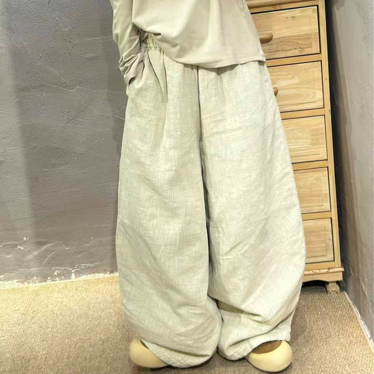 【半奏】冬季雨露亚麻高定松紧腰双层夹棉弯刀棉裤 腰120臀130长100