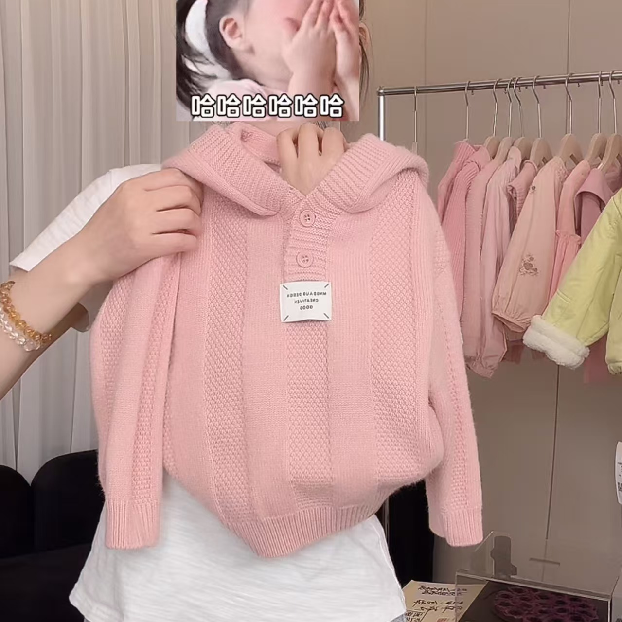 女童秋冬针织衫洋气新款儿童粉色连帽小标毛衣
