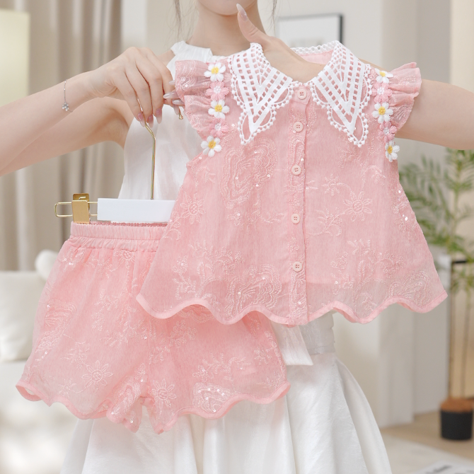 2025夏季新款女童高级粉花朵薄款无袖上衣短裤款两件套SA30153