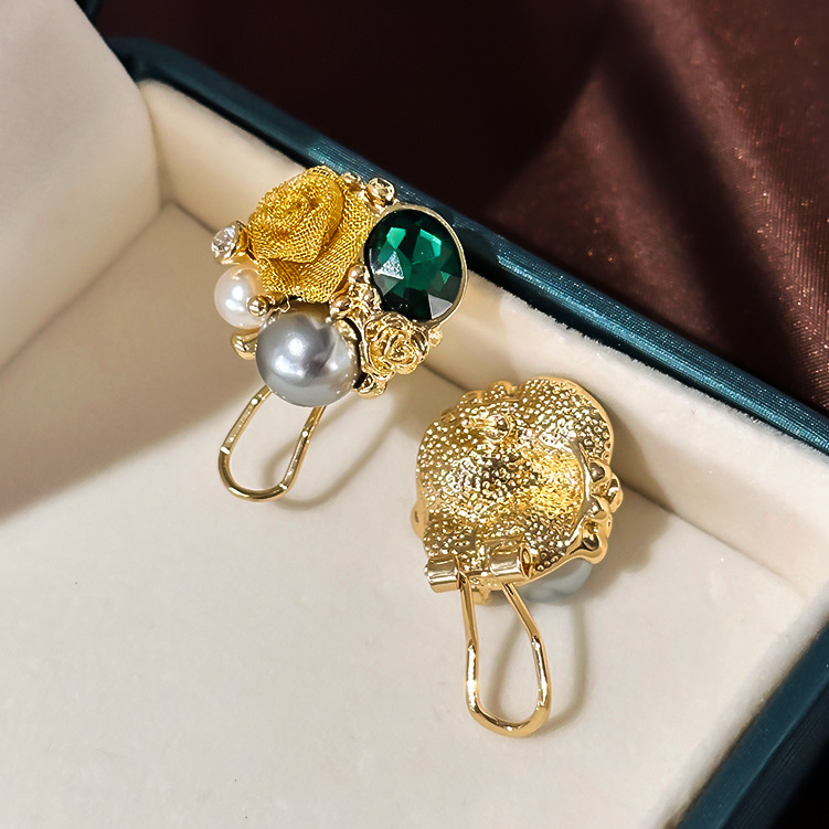 合金耳饰 K19优雅气质玫瑰花水晶耳钉925法式浪漫复古耳环