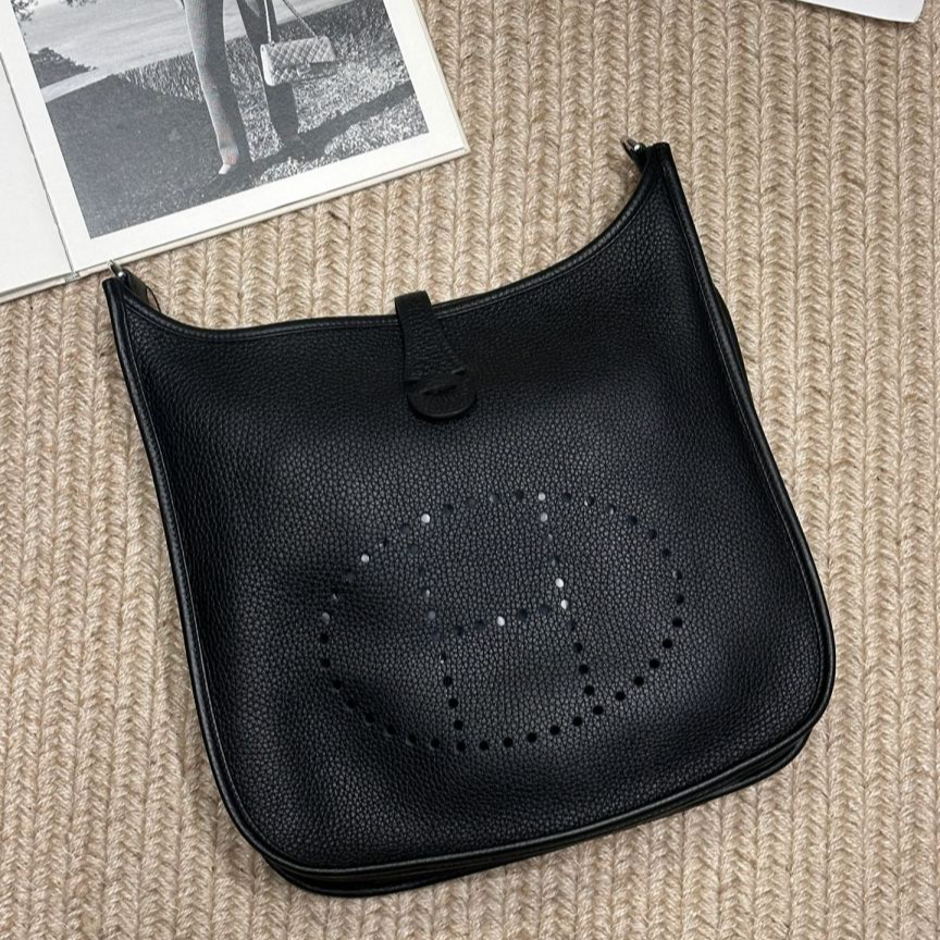 99新 Hermes/爱马仕 黑色银扣evelyne29时尚单肩斜挎包经典 U刻