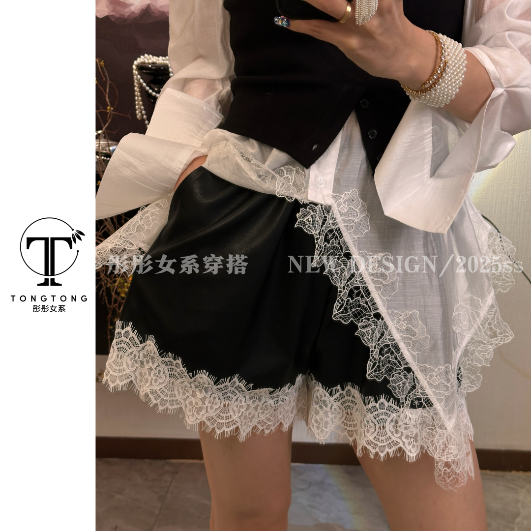 TongTong女系 高腰秋季拼接蕾丝皮短裤薄款蕾丝性感