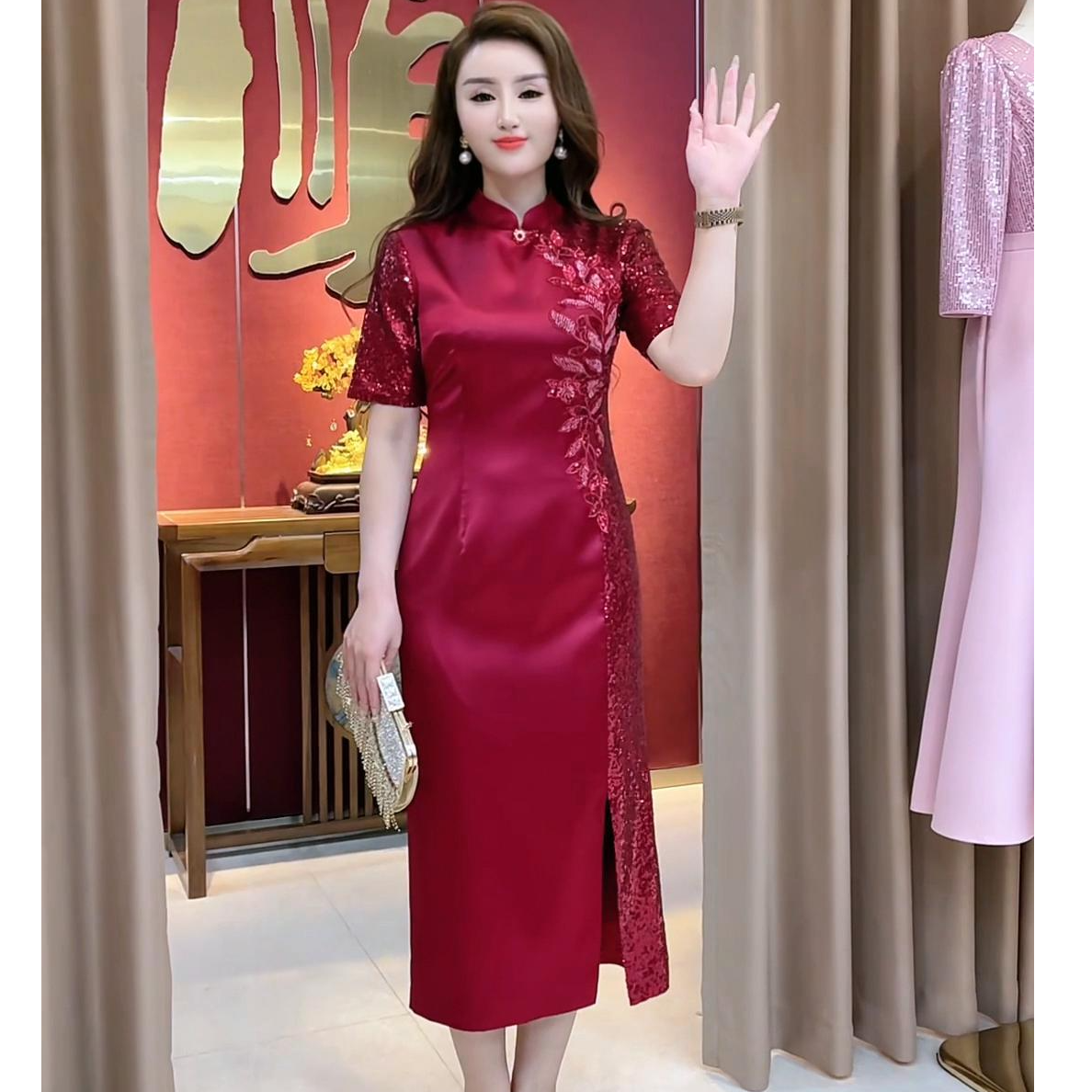 61663新品气质妈妈婚宴礼服裙年轻高贵喜婆婆装新中式旗袍连衣裙