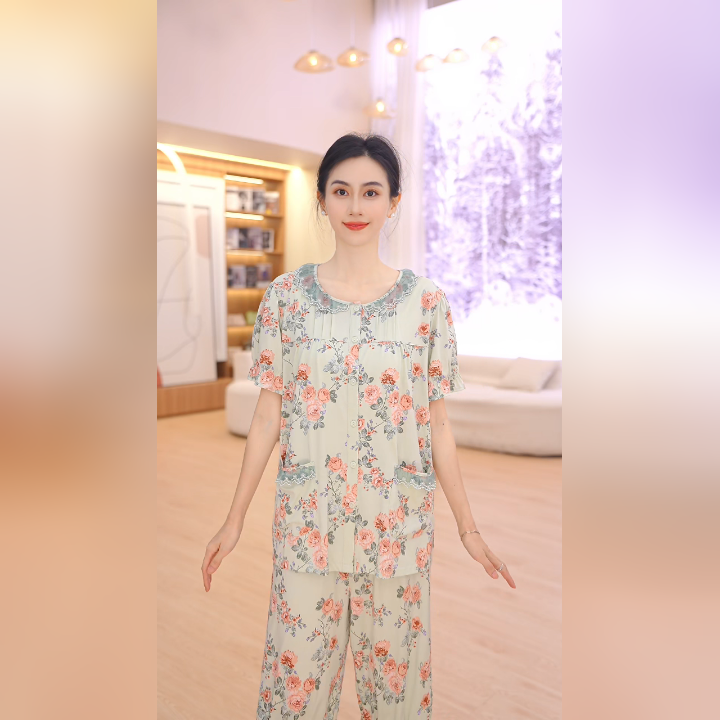 秋鹿柔软莫代尔棉睡衣女士春夏法式碎花蕾丝花边短袖家居服套装