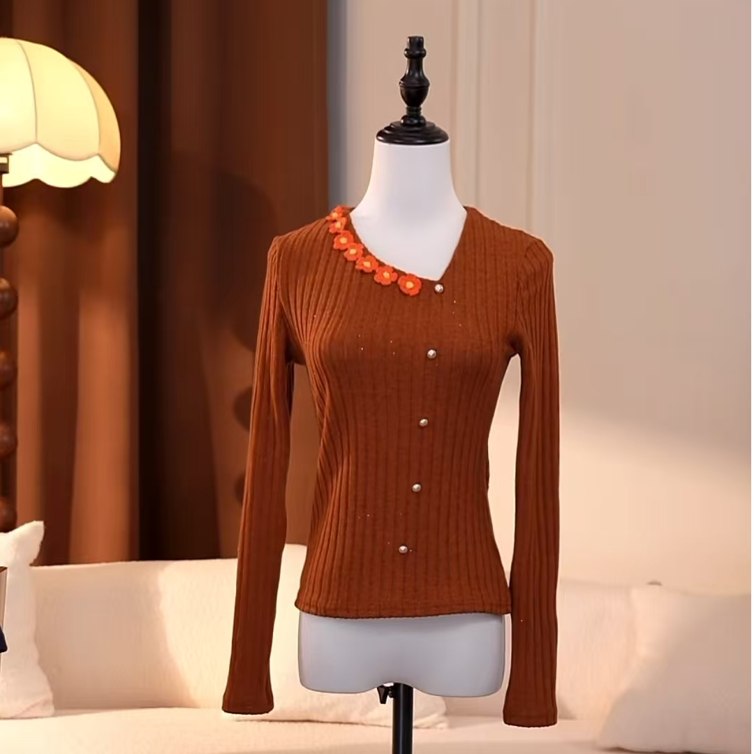 2025秋冬新款高级感时尚立体花朵百搭设计长袖修身显瘦绒衫-A798