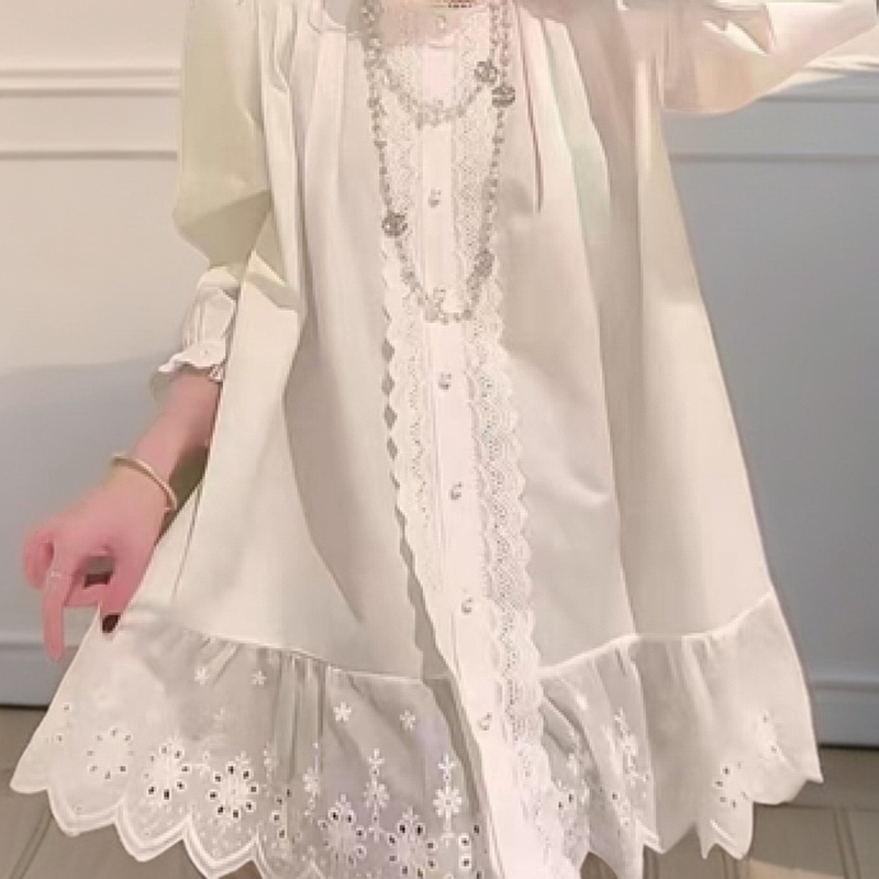大漂亮白色花边衬衫裙简约大方舒适面料
