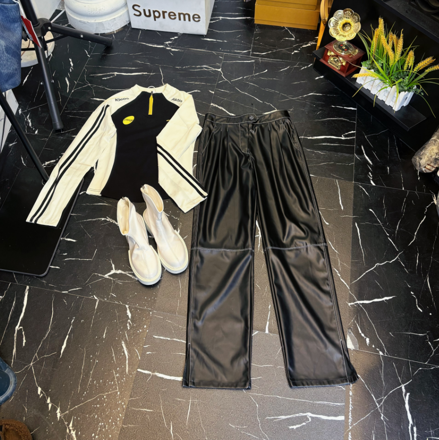 D25 121002 爆款欧美辣妹机车风百搭休闲窄版阔腿直筒皮裤