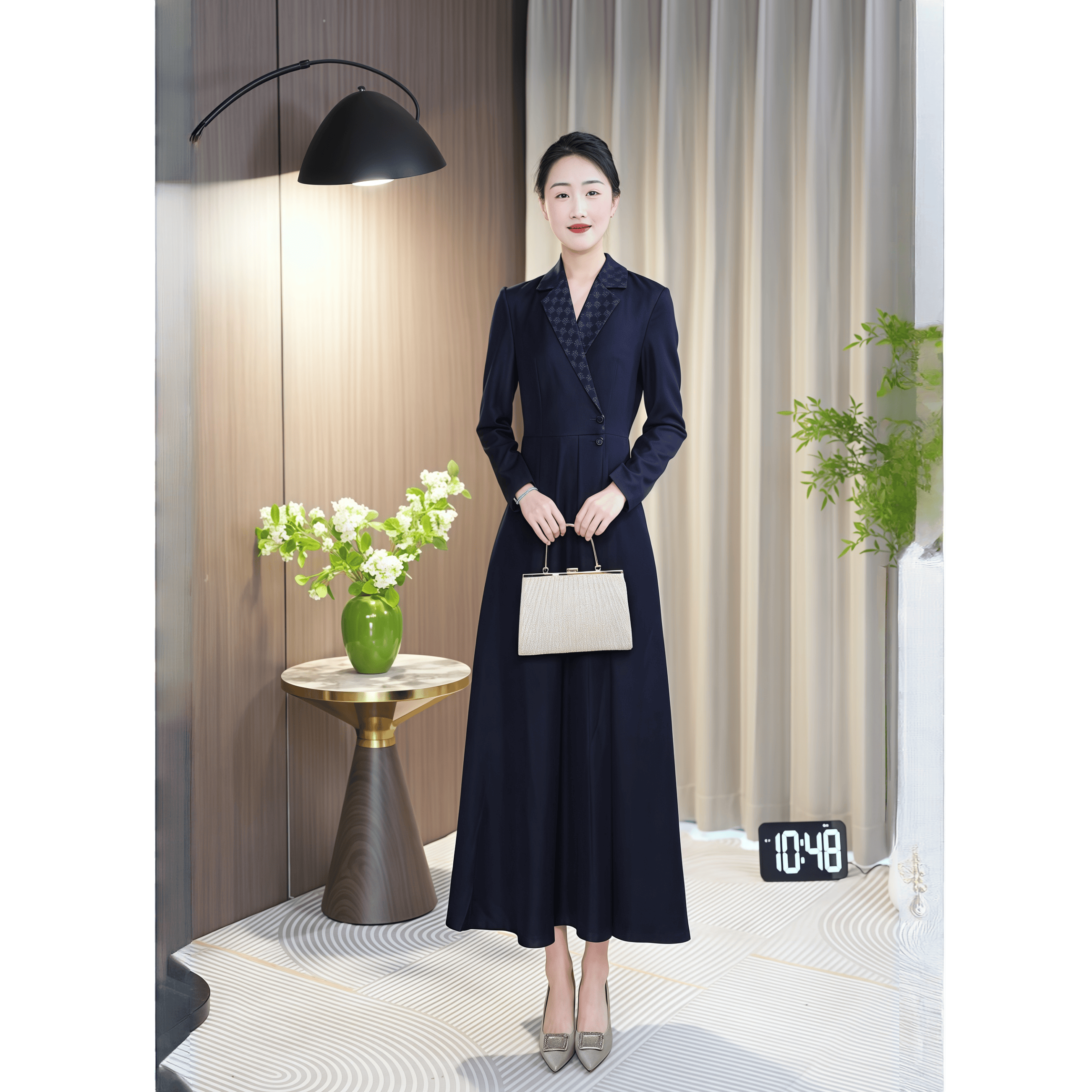 藏蓝色拼色2025新款西装领收腰显瘦连衣裙