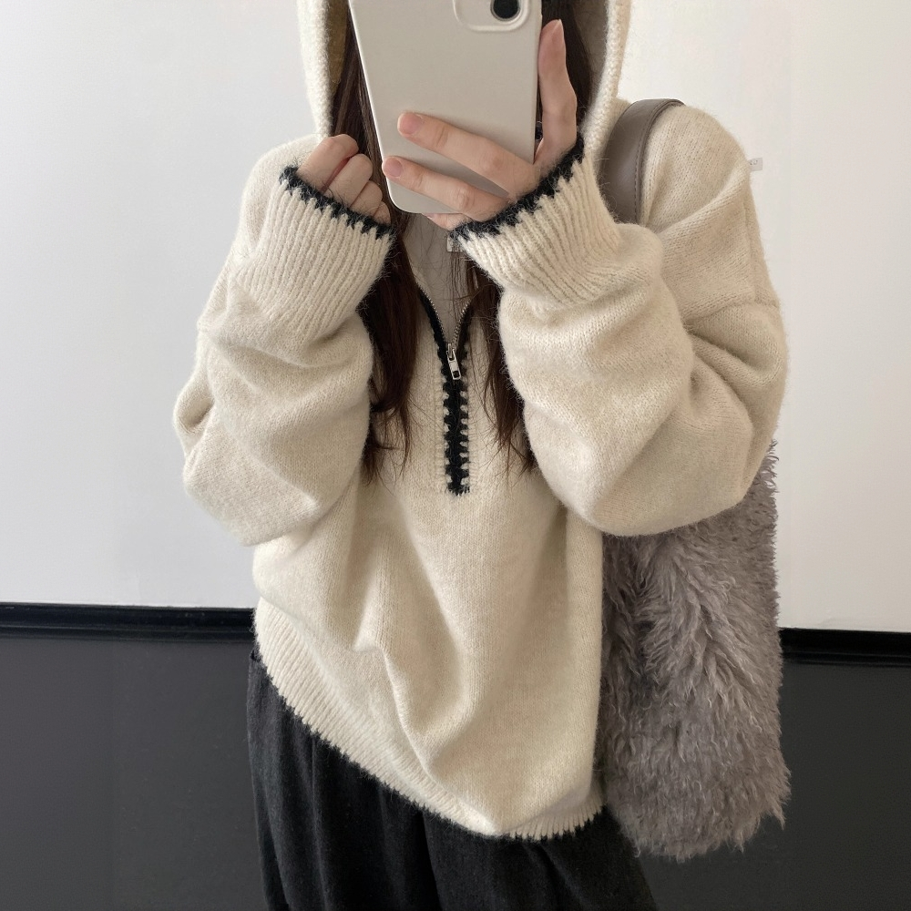 超好看连帽毛衣女秋冬季穿搭慵懒高级感长袖上衣小众不撞款针织衫