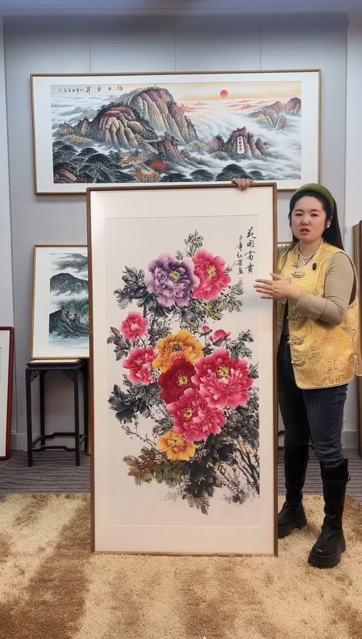 国画手绘牡丹162*82尺寸