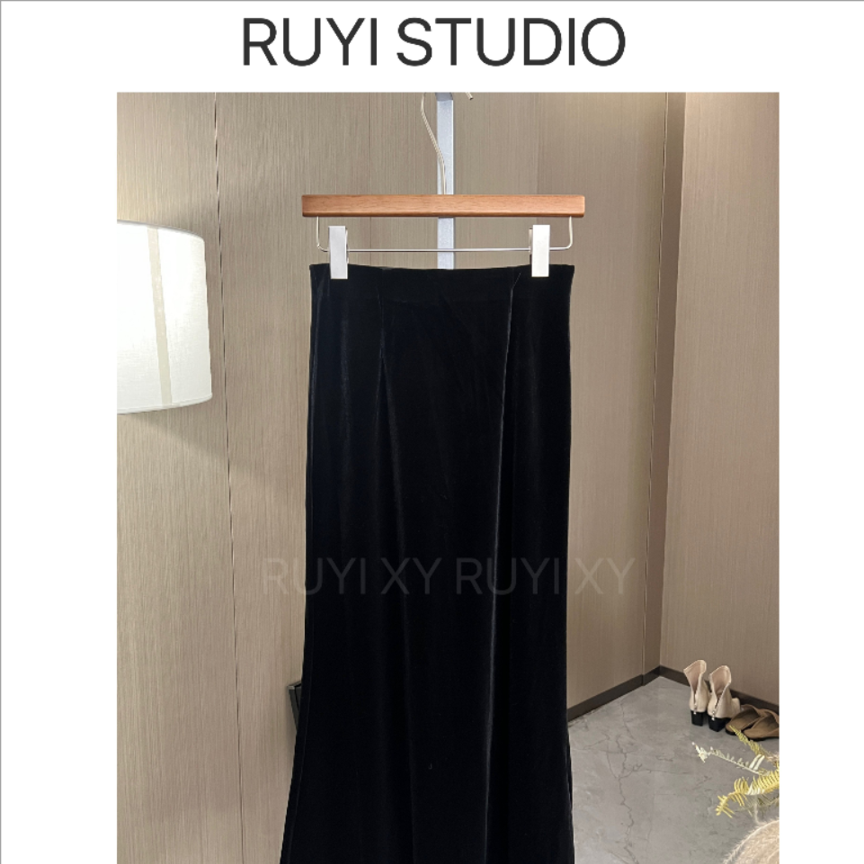 Ruyi如一 【丝绒裙】时尚百搭赫本黑色半裙