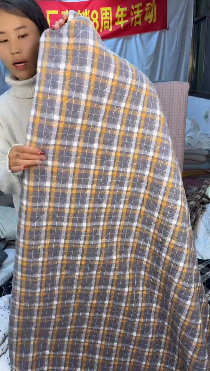 棉纯棉米黄宫大格230*250单床盖