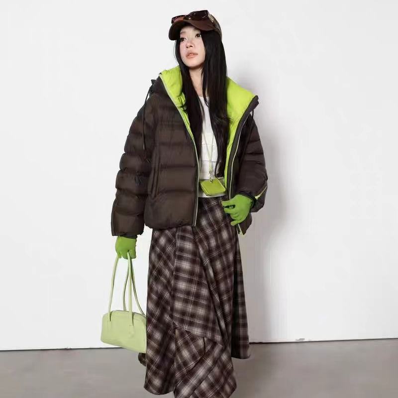 5063鹅绒冬季棕榈咖鹅绒羽绒服百搭韩版连帽短款拉链女宽松