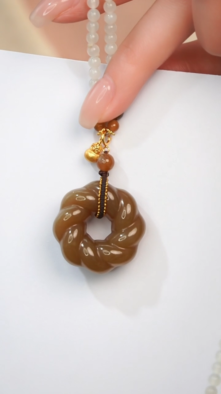 吊坠(不含链)银S925镀金镶嵌和田玉甜甜圈