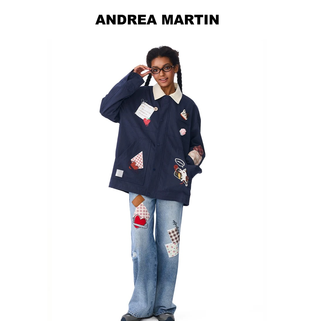 ANDREA MARTIN25秋冬新品趣味刺绣贴布拼接外套男女宽松休闲百搭