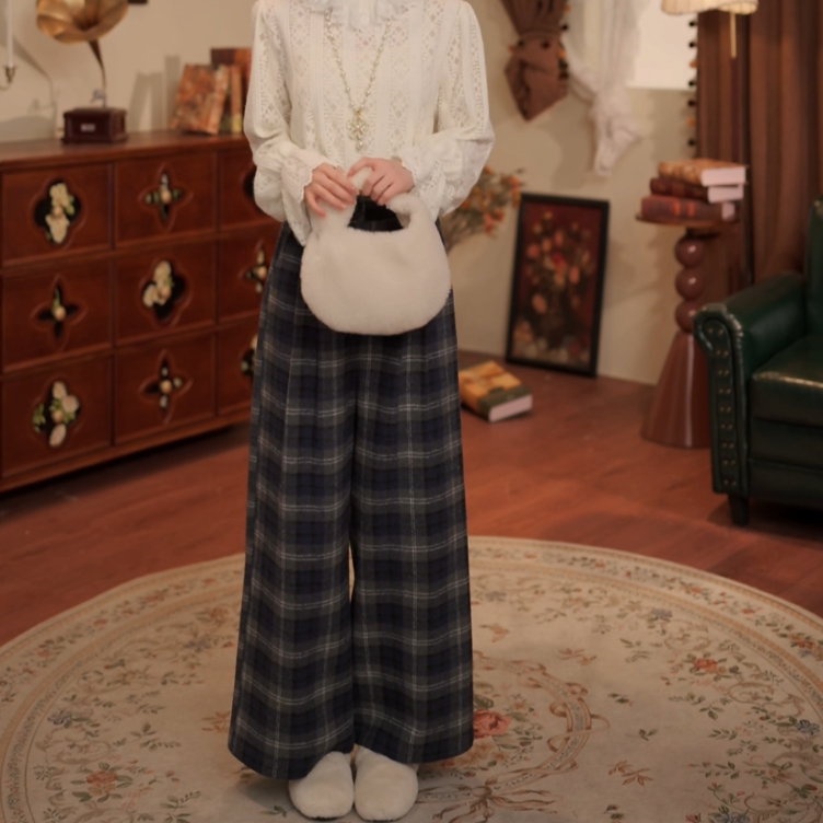 敏恩【木偶奇遇记】新款格纹元素休闲长裤阔腿高腰裤WF1102123