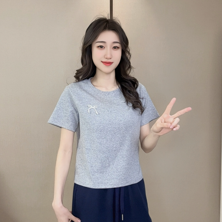 蝴蝶结短袖T恤圆领显瘦纯棉时尚休闲夏季宽松短款百搭韩版洋气