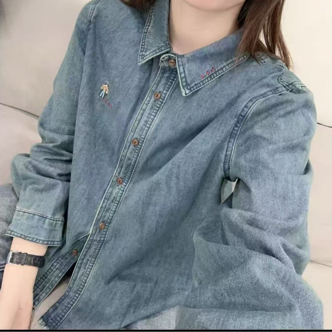 2025冬季加绒刺绣牛仔衬衫纯色百搭打底衬衣