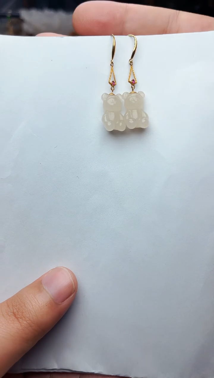 【闪购商品】和田玉耳饰18K金镶嵌小熊 01
