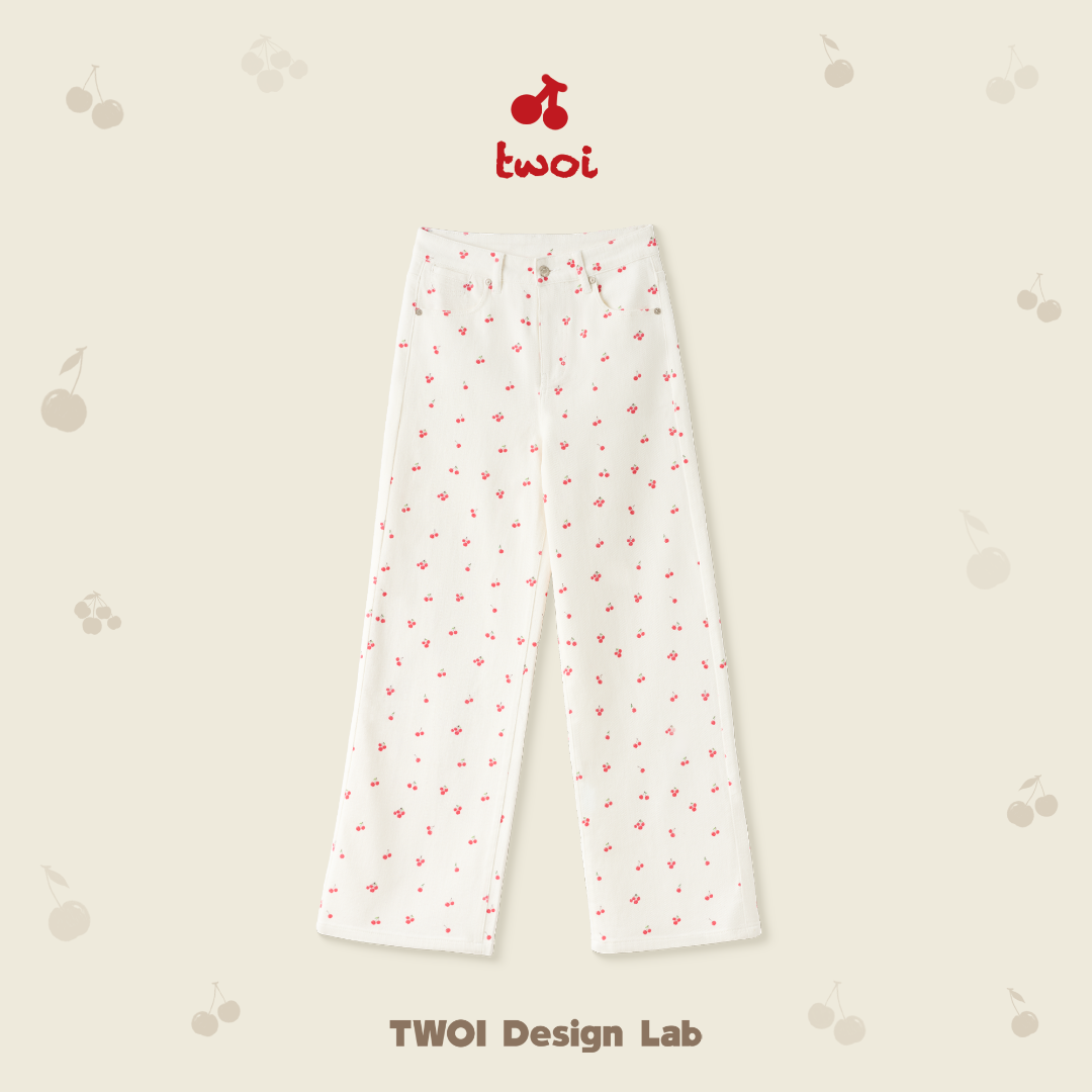 TWOI Design Lab "白女的小樱桃系列"「奶油白樱桃牛仔长裤」