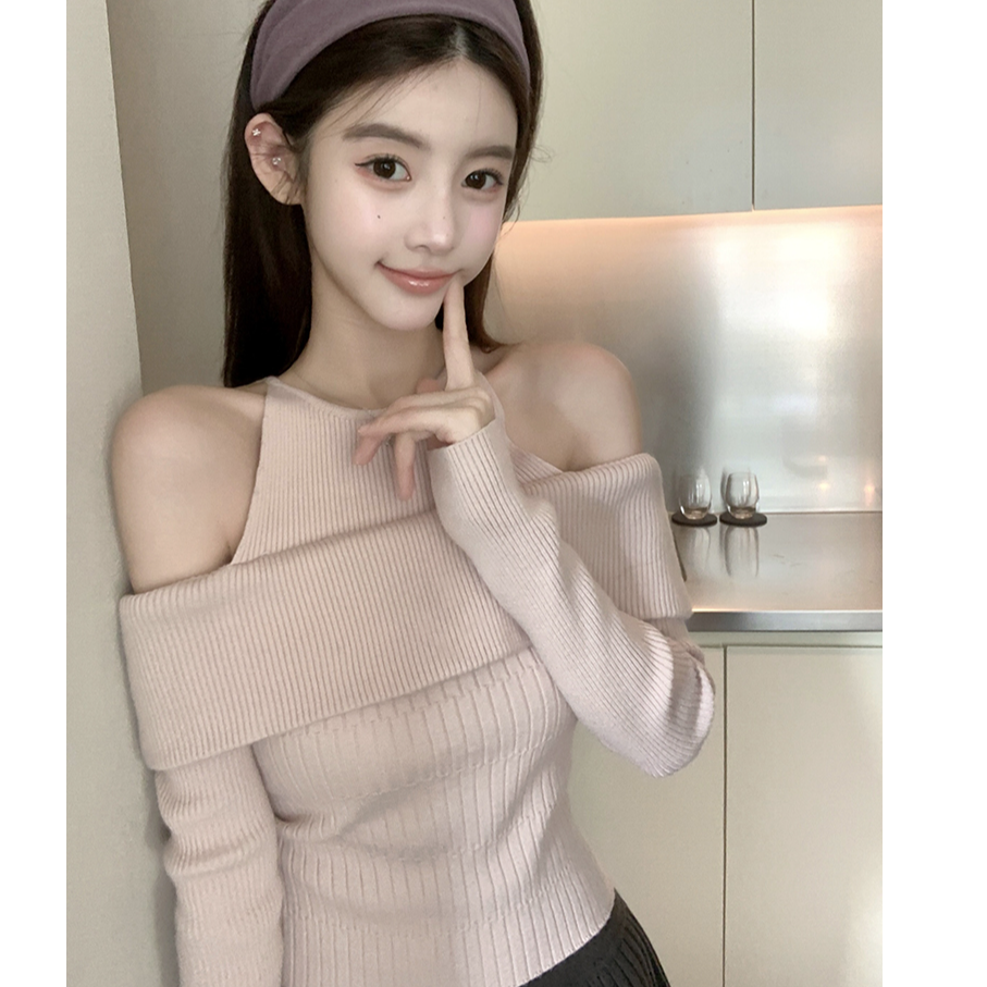 纯欲时尚假两件一字肩针织衫上衣秋季新款女装修身内搭打底衫上衣