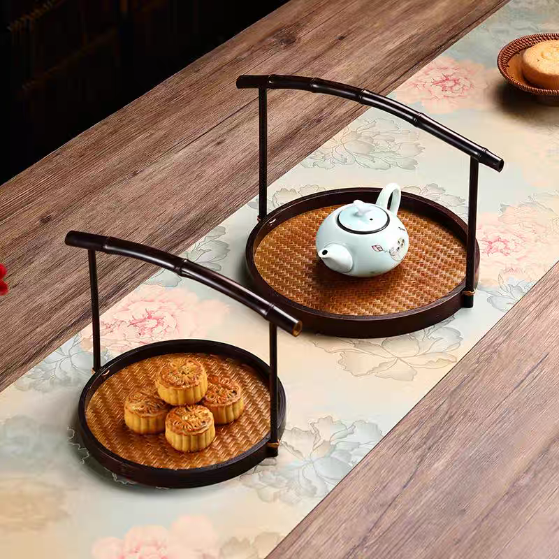 竹编手提圆盘手工篮茶具紫竹提手复古大漆点心篮竹篮子水果篮竹筐