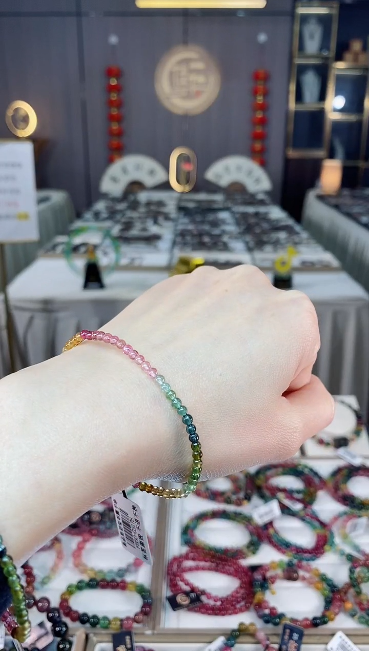 未镶嵌老矿碧玺色标彩虹净体单圈手串3mm+碧玺dan多样性发货一条