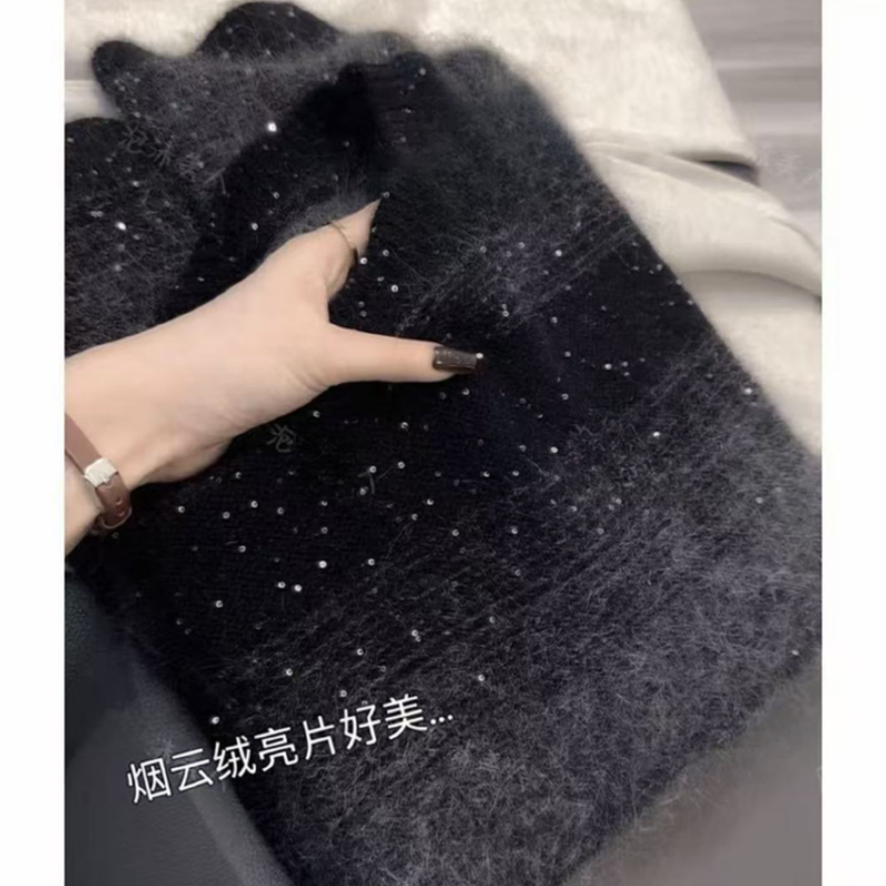 【烟云绒亮片】冬季氛围感慵懒风亮片针织宽松长袖毛衣19793-