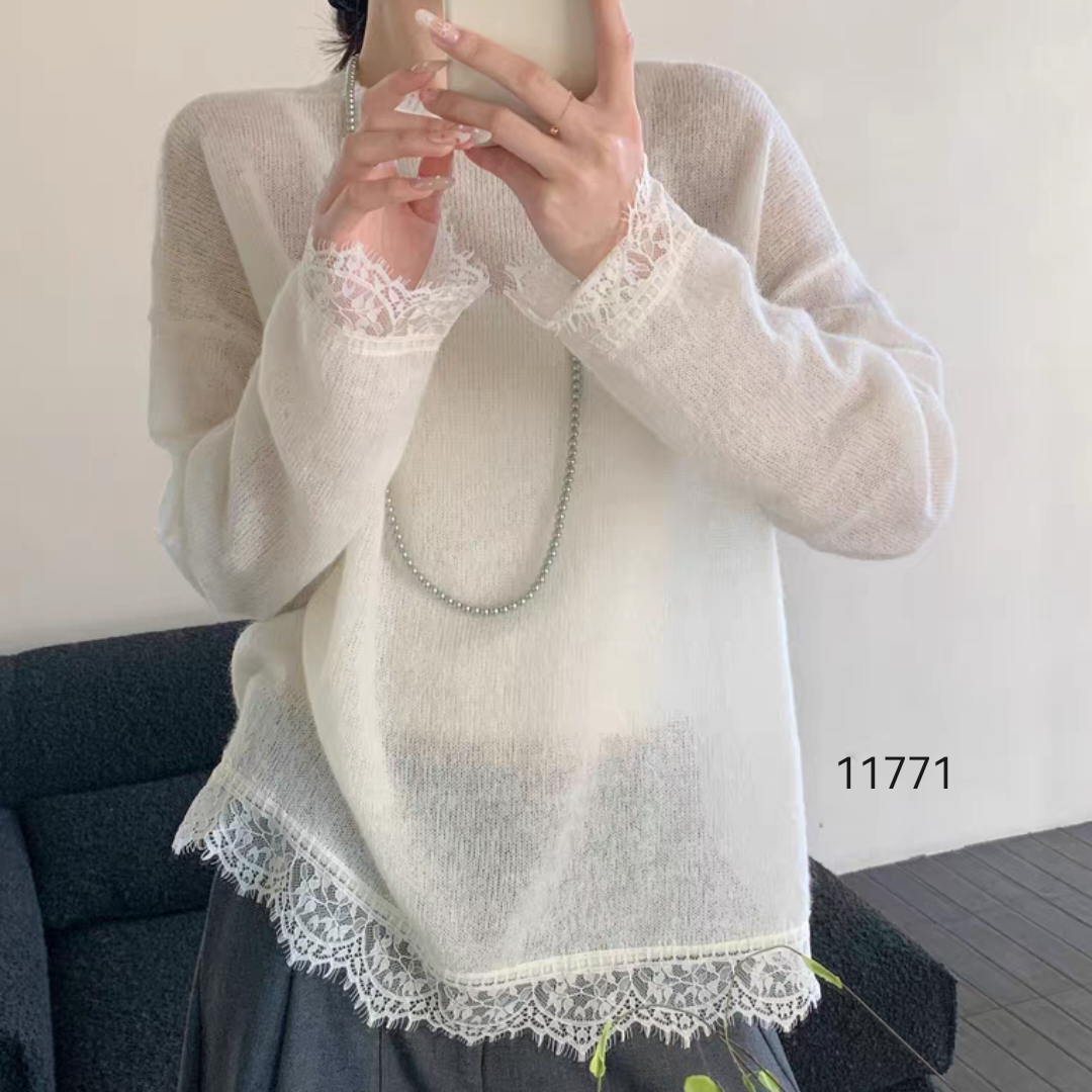 11771（部分无水洗唛，介意慎拍） SANFAN 新款下摆蕾丝拼接马海毛衣