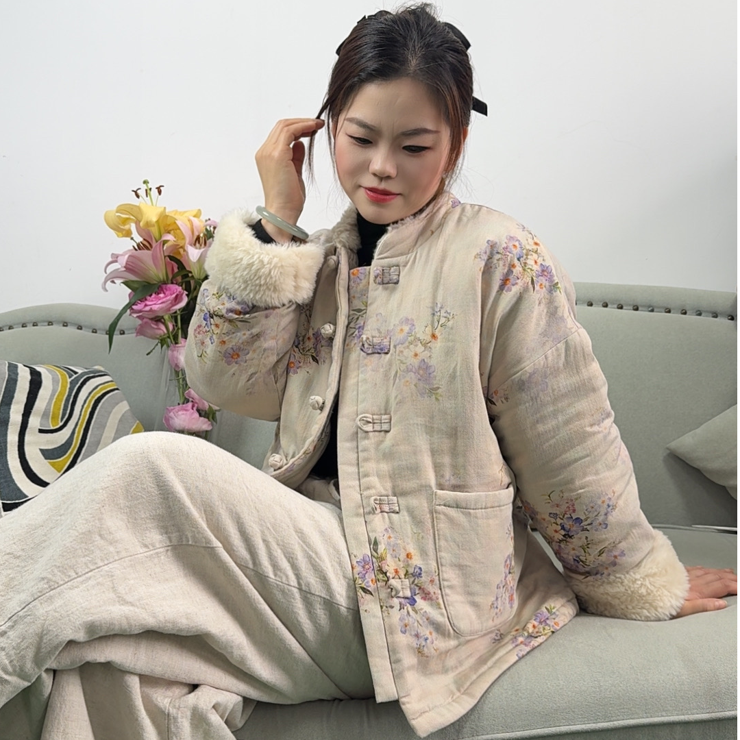 2025爆款新中式新疆棉花加厚宽松[立领斜纹麻棉服】减龄时尚穿搭