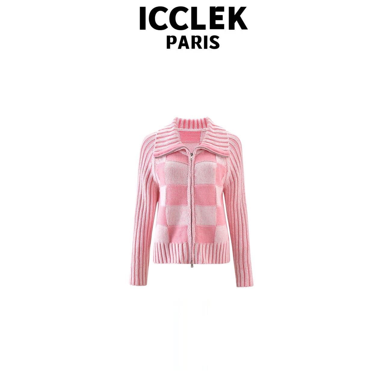 ICCLEK 粉色格纹拉链翻领长袖针织上衣名媛气质秋冬减龄外套-9195