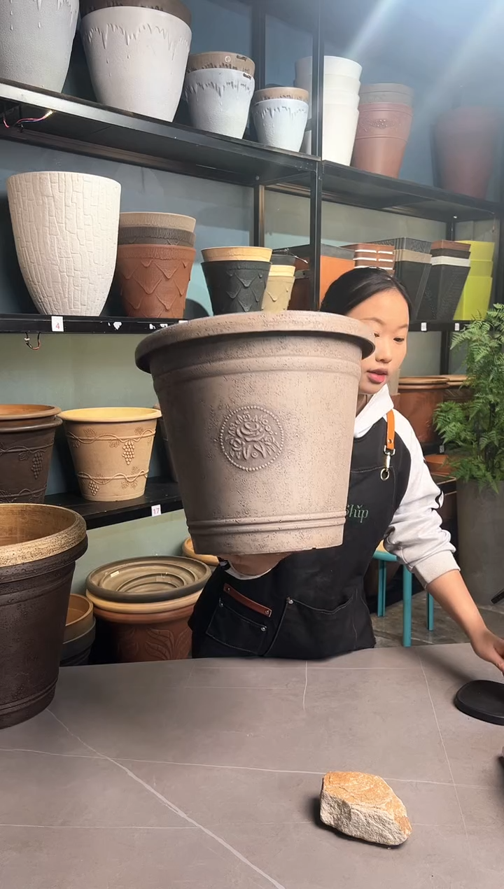 38*33/USA38-E浅灰色手工浮雕纹理大花盆外贸尾单