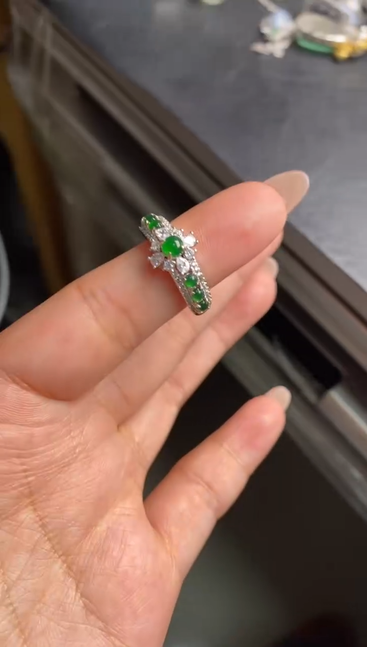 银S925镶嵌戒指翡翠凉**花天然A货翡翠