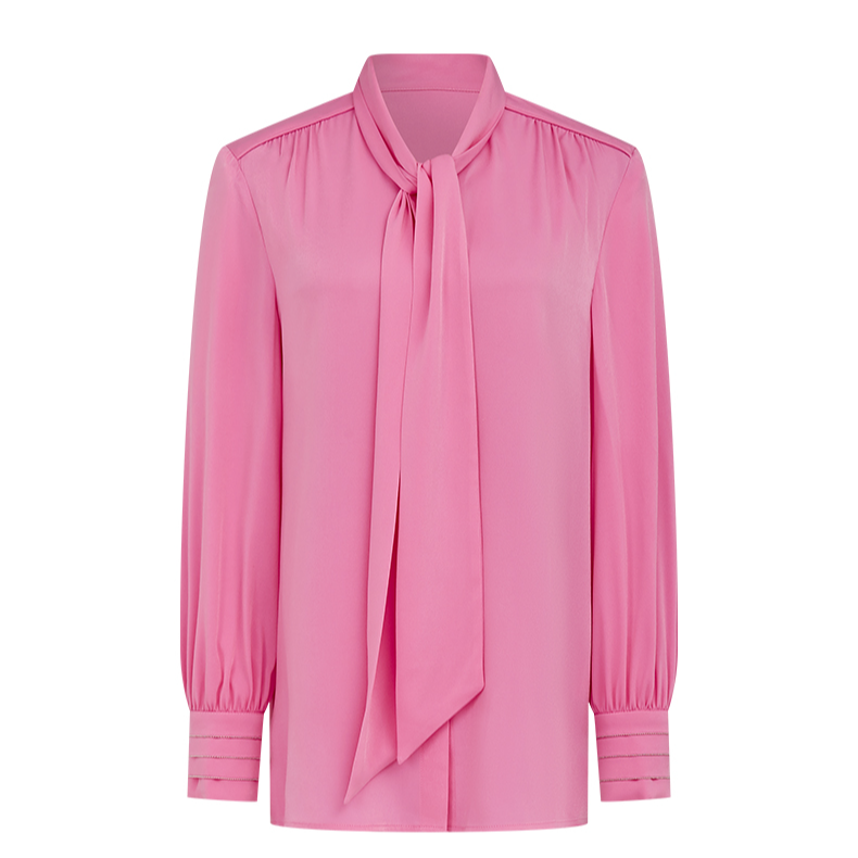 【小熊专属】曼德诗飘带领衬衫2024春装新款纯色简约丝滑雪纺衬衣