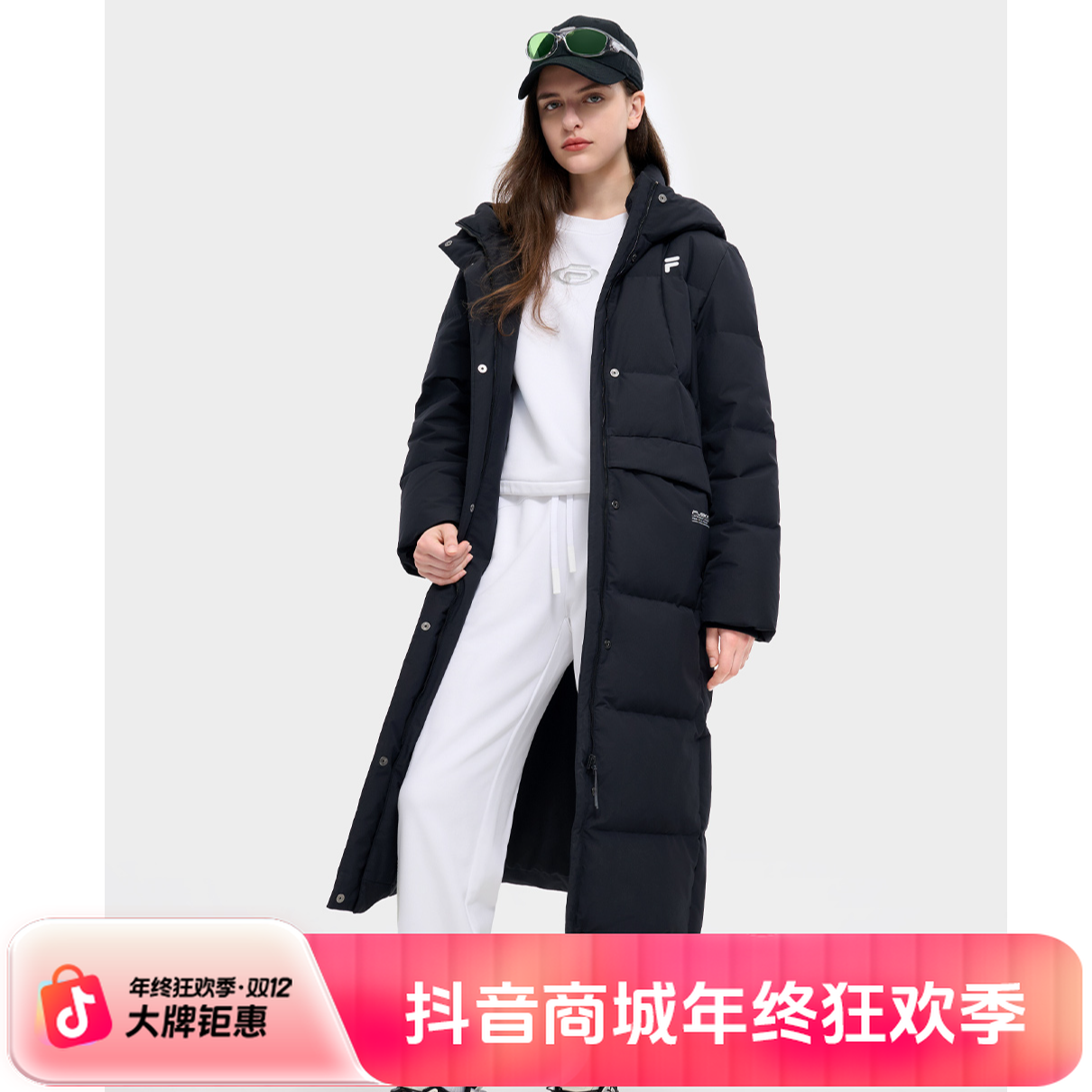 【高榜鹅绒】FILA FUSION斐乐潮牌长款羽绒服女2025冬季新款鹅绒