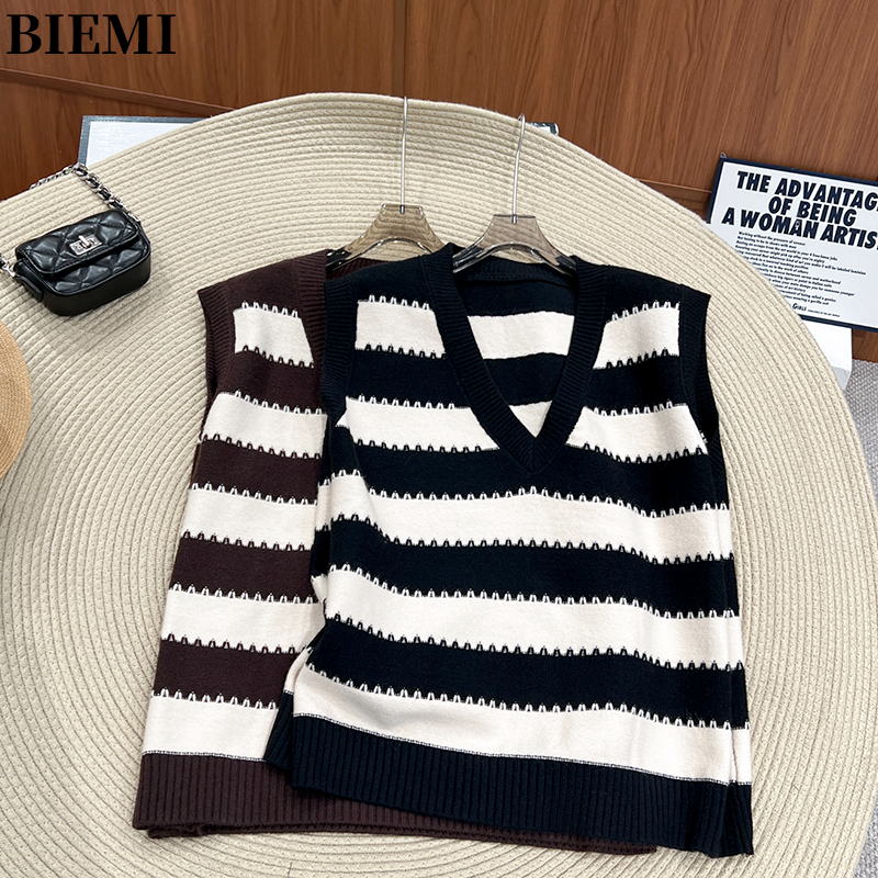 必魅-韩系V领条纹针织马甲2025秋冬宽松显瘦贸易背心上衣66511