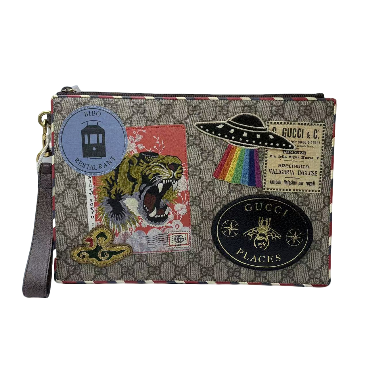 99新 GUCCI/古驰 古驰虎头刺绣老花手拿包/C185